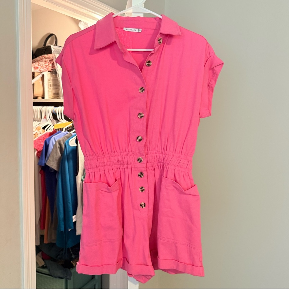 Hot Pink Button up Denim Romper